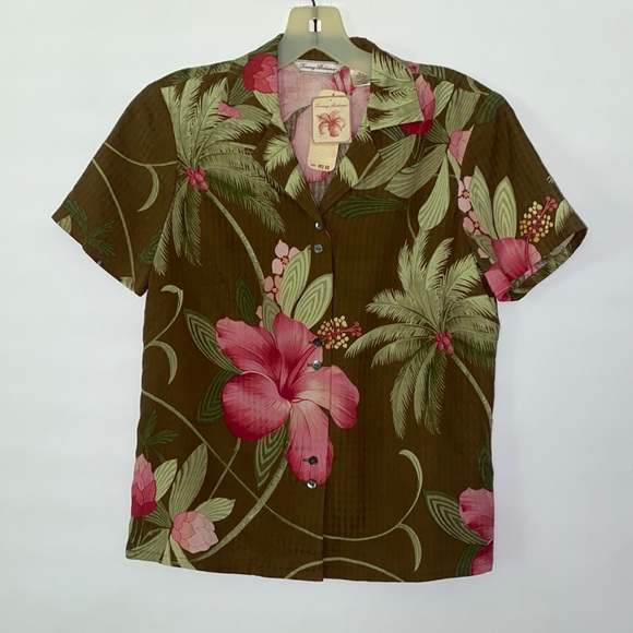 Tommy Bahama NWT Hawaiian Brown Pink Floral 100% Silk Button Down Shirt XS